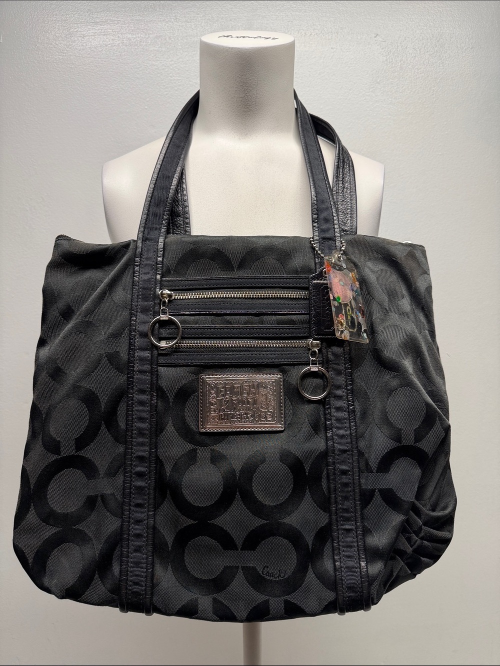 Coach Poppy Black Op Art Signature Canvas Glam Tote Handbag Purse Vintage 2009